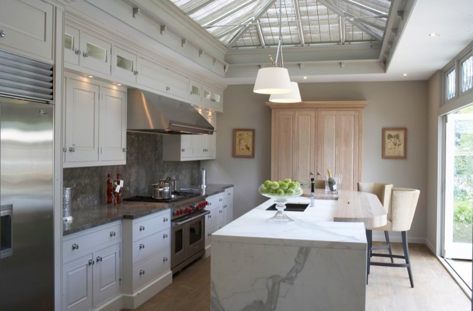 Main Kitchen Interior Trends and Design Ideas 2022. Skylight at the private house's dedicated space with pastel white colored walls