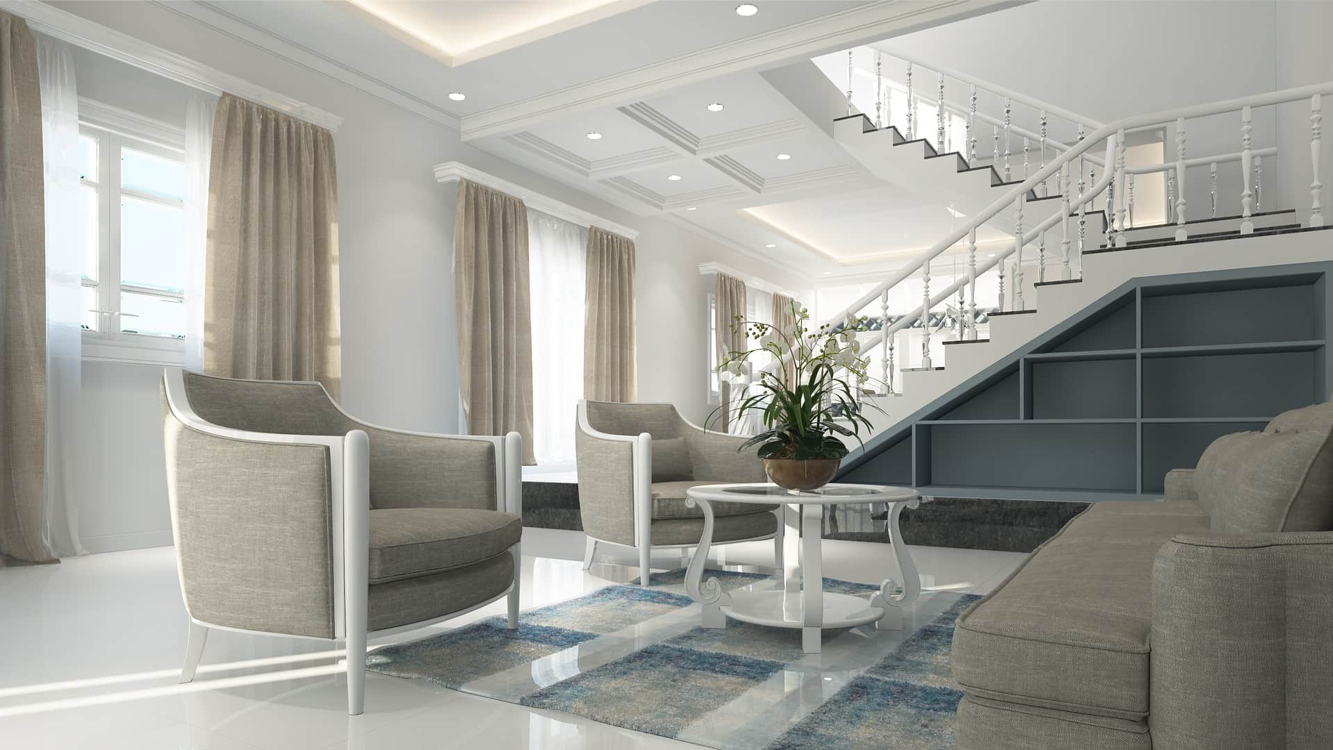 Expert Tips to Make Your Home More Accessible. Large private mansion with minimalistic open plan styled in white with slight gray and blue