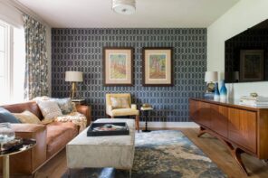 Mid-Century Interior Design Style: Modern Ideas and Arranging the Space. Classic setting of the living room with pattern wallpaper on the accent wall and