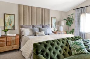 What will the Next Decade Bring for Interior Design? Biophilic contemporary shabby chic bedroom with quilted emerald gree upholstered sofa and modern soft wall panels