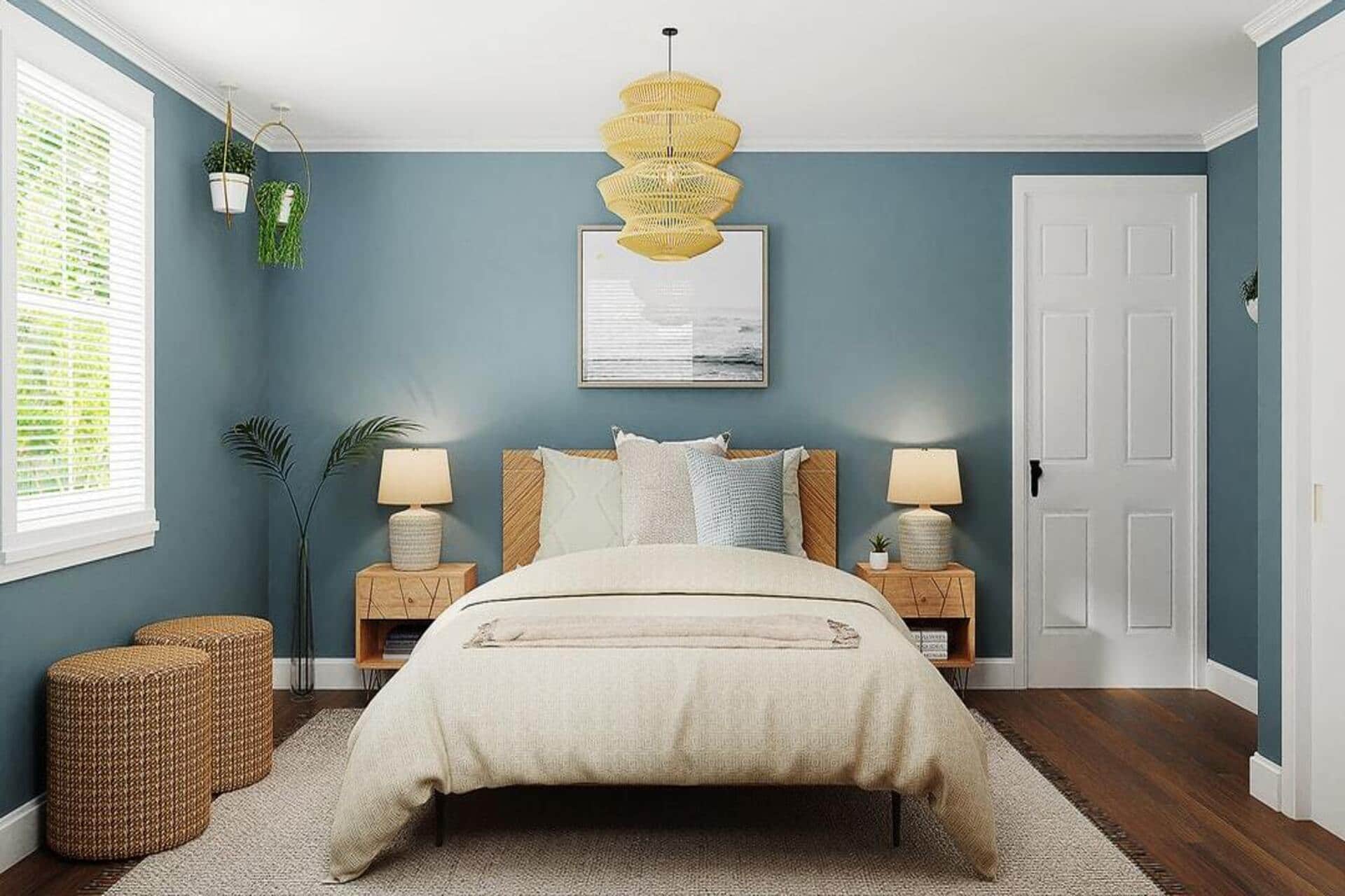 Create Your Own Chic And Cozy Bedroom With These How-To Tips. Pale blue accent wall and furniture set with queen bed and fluffy rug on the dark laminate