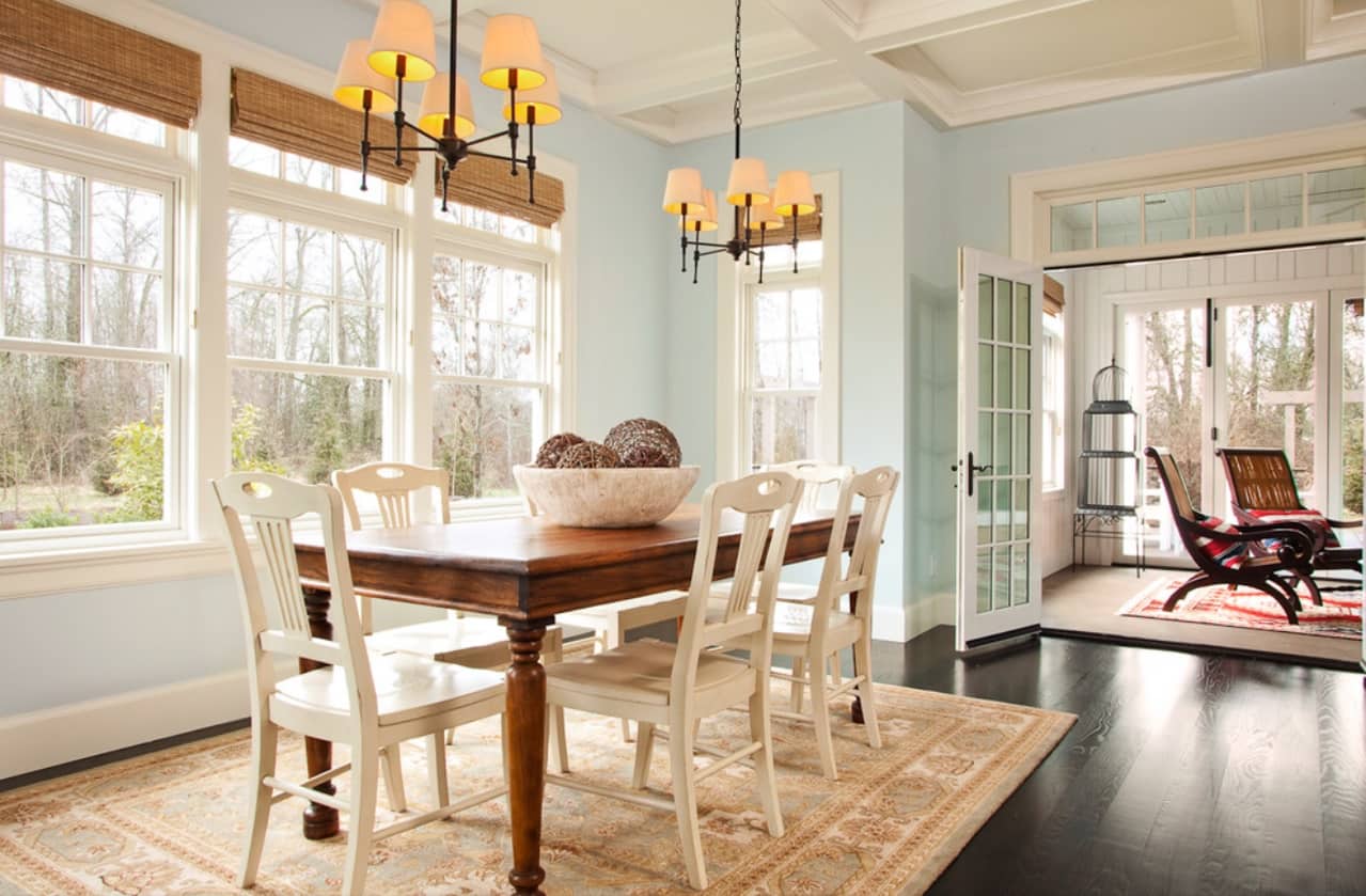Top 7 Amazing Ideas for Refinishing Your Wooden Floor. Classic designed dining room with mild blue painted walls and large sash windows