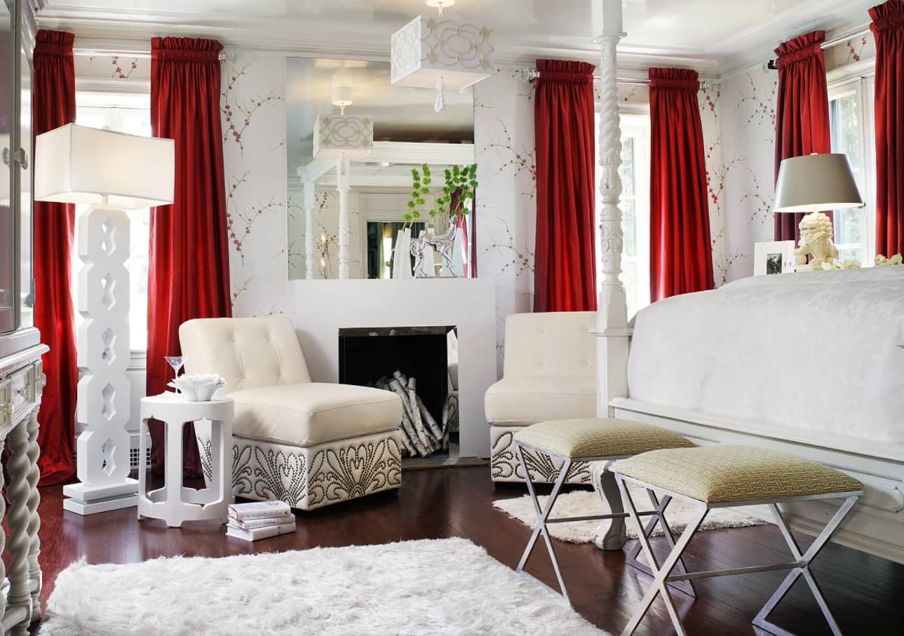 Window Treatment Buying Guide: Curtains, Shades, Drapes. Red classic curtians to shade out the chic calming white interior with dark hardwood floor 