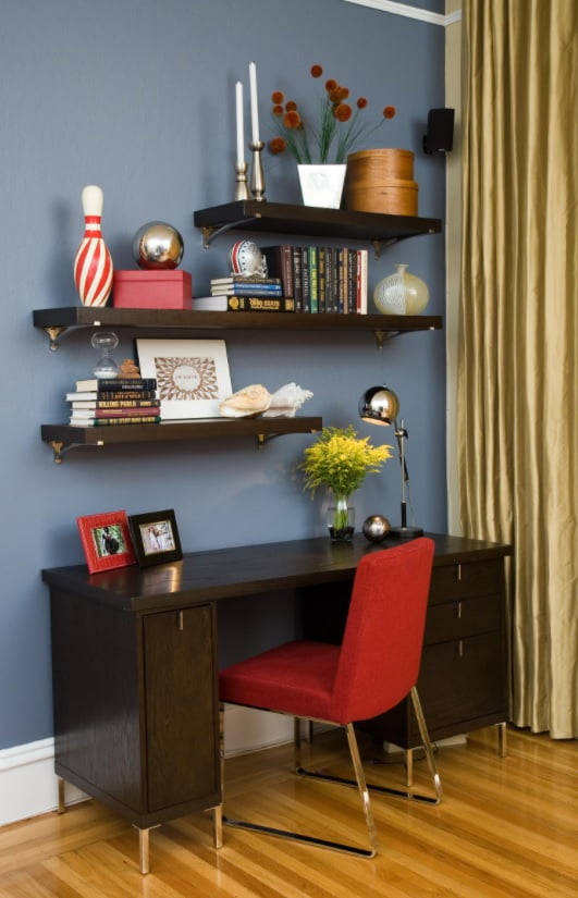 4 Popular Shelves for Homes and Farmhouses. improvised home office with open shelves and red classsic chair and with blue painted walls