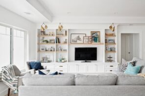 4 Popular Shelves for Homes and Farmhouses. Great universal floating shelves for white casual living room with accent wall