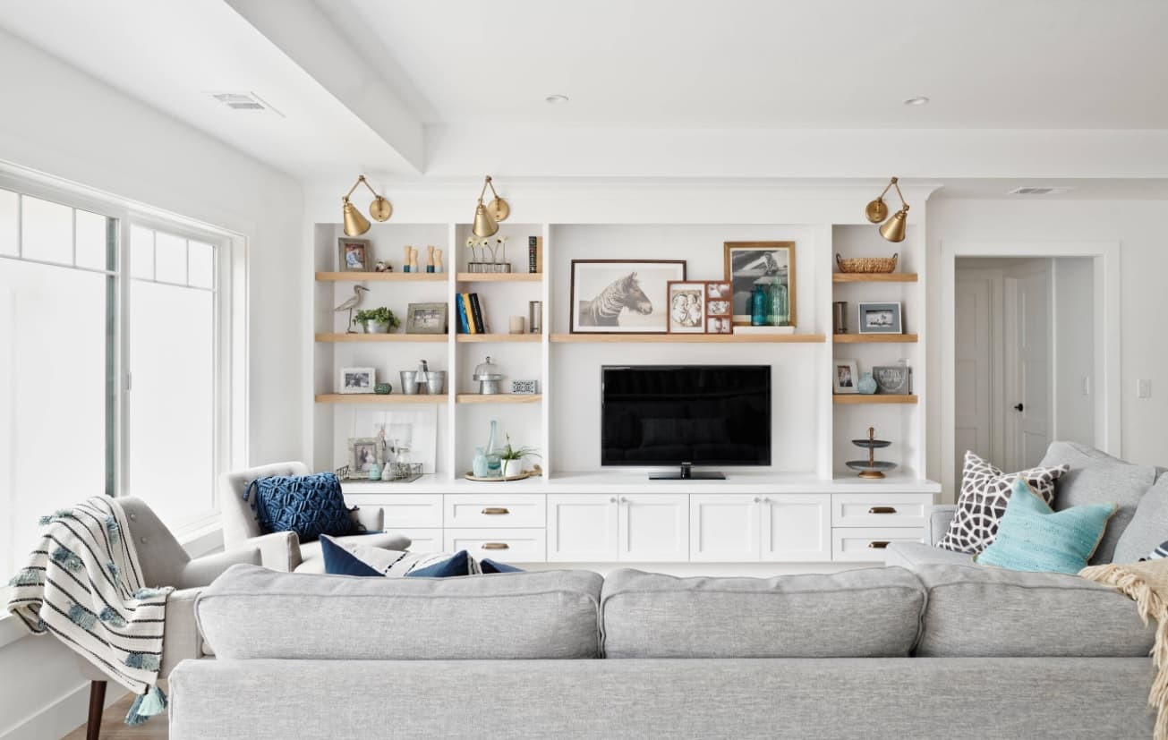 4 Popular Shelves for Homes and Farmhouses. Great universal floating shelves for white casual living room with accent wall
