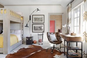 Bauhaus Interior Design Style Details and Application. Cow pelt, segment cushion chair at the vintage table and the bunk-bed to decorate the bedroom