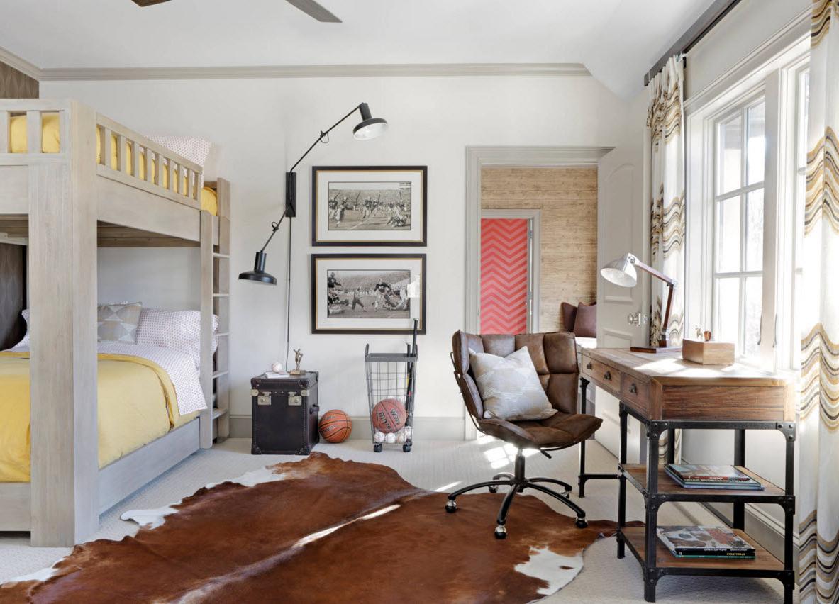 Bauhaus Interior Design Style Details and Application. Cow pelt, segment cushion chair at the vintage table and the bunk-bed to decorate the bedroom