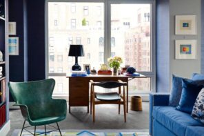 5 Essential Features of a Home Office. Mid-century styled home office at the skyscaper with panoramic view and calming blue and greeen color palette