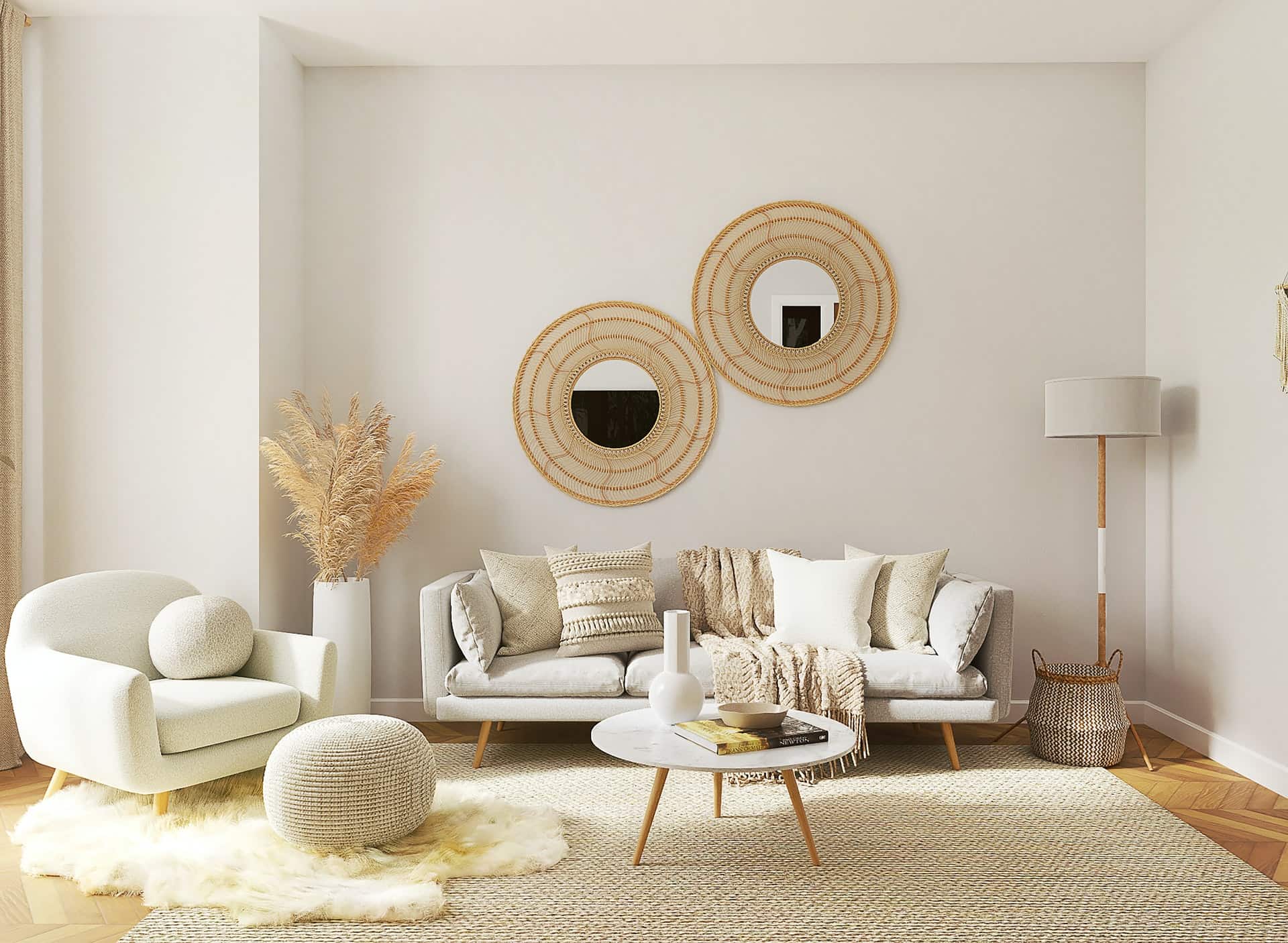 Small and Simple Decorating Details That are Perfect For Your Living Room. White and pastel decorated interior with curve soft furniture and fluffy rug and carpeting
