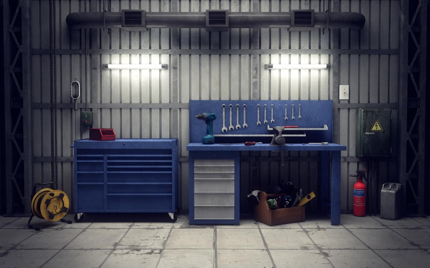 The Brief Guide That Makes Organizing Your Garage Simple. Metal sheathed walls and blue workbench table with tools