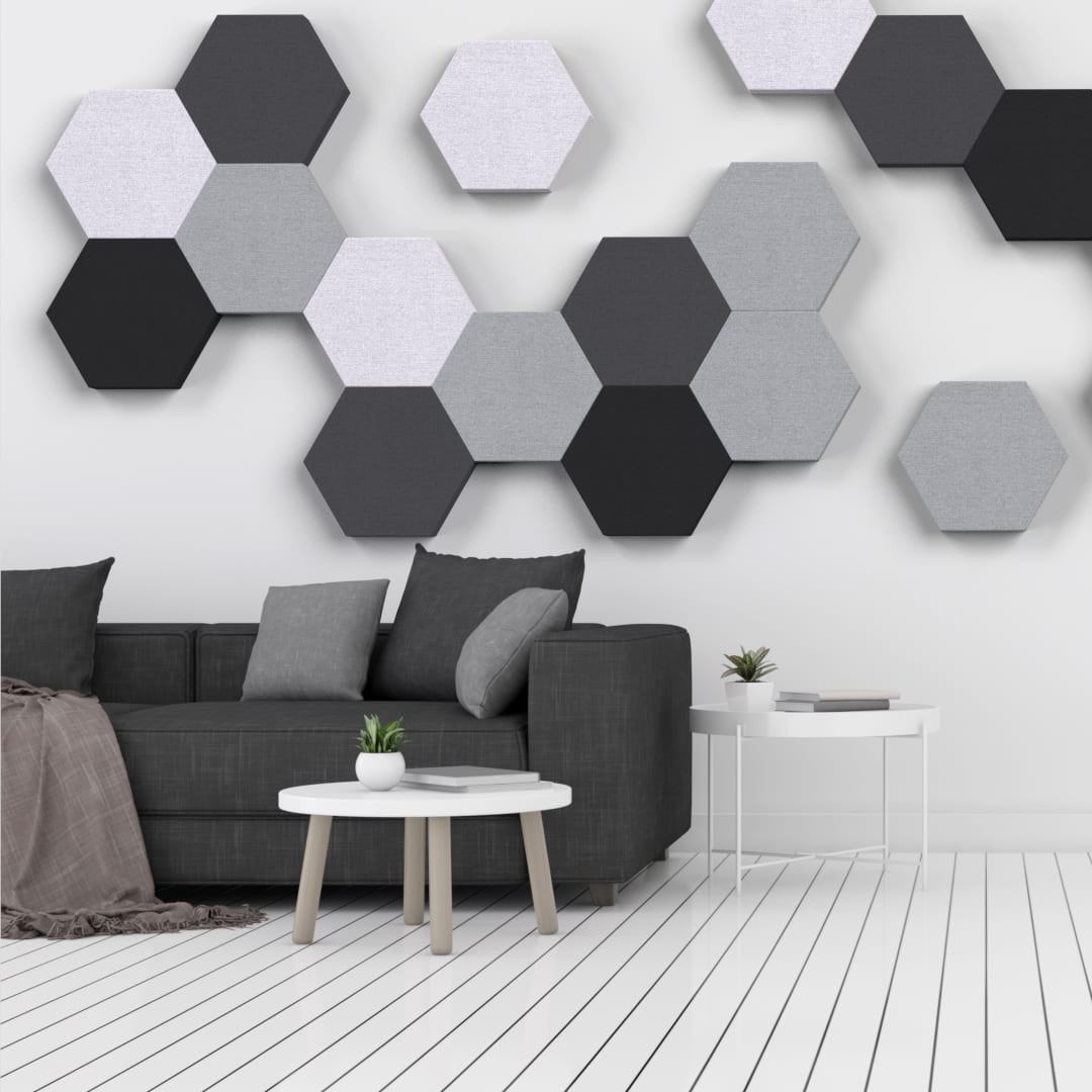 5 Benefits of Having Felt Sound Dampening Wall Tiles in Your Home. Hexagonal soundproofing tiles for unusual minimalistic living room style
