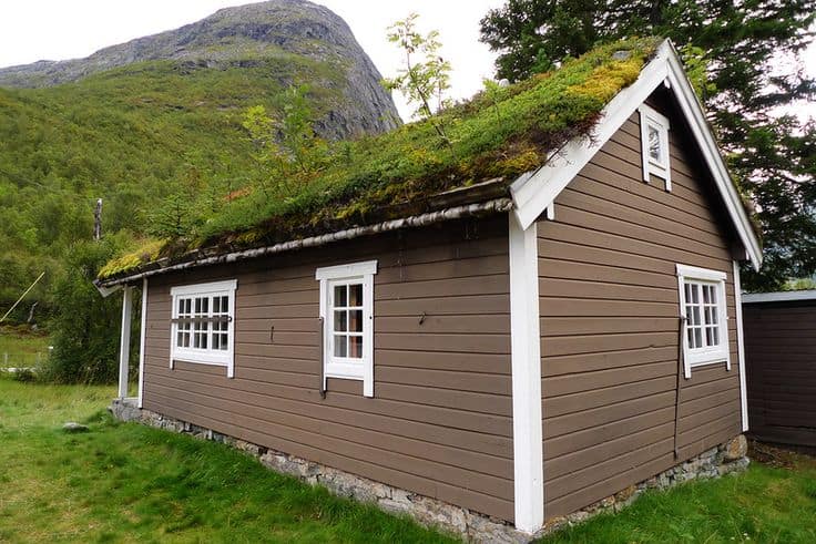 Sustainable Building Materials for an Eco-Friendly Home. Grass roof and beige siding for the village house