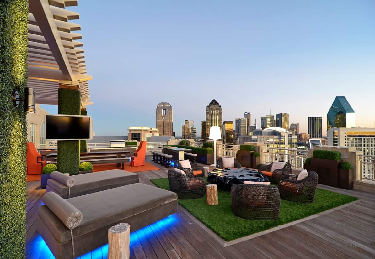 Life in a Skyscraper. Nice top patio relaxing zone at the roof of the tower building in Dallas