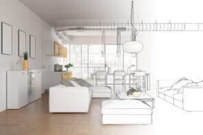 Top 5 Custom Home Design Trends For 2022. 3D visualization of the living room with all measures for future renovation
