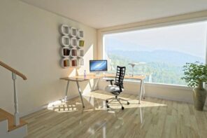 6 Beautiful Design Ideas You Should Implement at Home. Panoramic window, angular desktop and interestingly designed wall hanging shelf for minimalistic contemporary designed home office with glossy laminate
