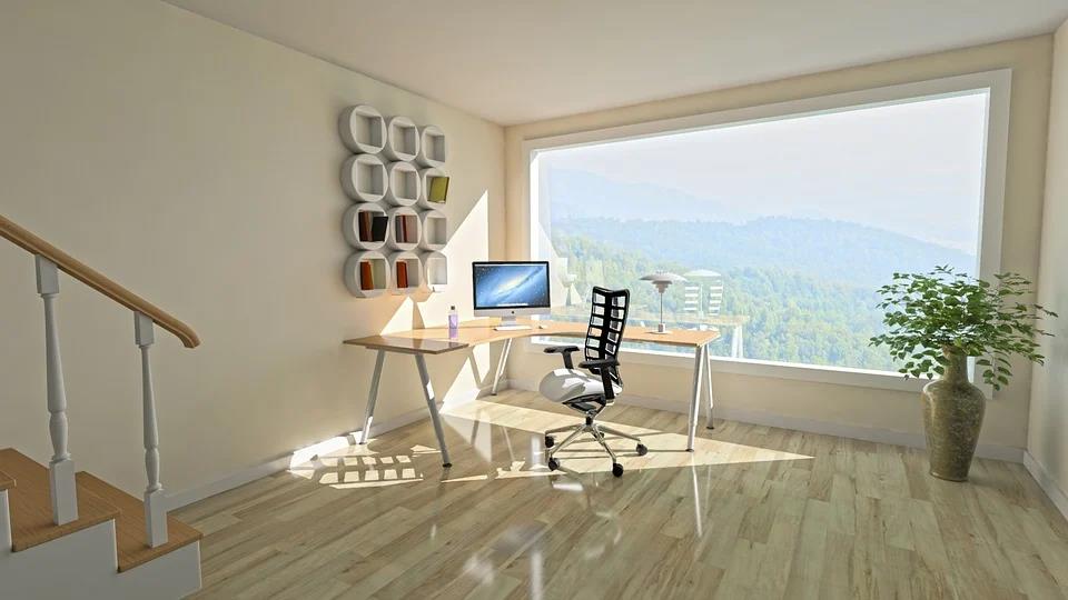 6 Beautiful Design Ideas You Should Implement at Home. Panoramic window, angular desktop and interestingly designed wall hanging shelf for minimalistic contemporary designed home office with glossy laminate